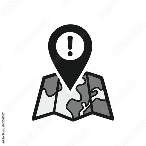 Navigation Alert Icon. Digital graphic of a map showing a warning. Represents a critical incident, route obstacle, or vital information on a geographic location.