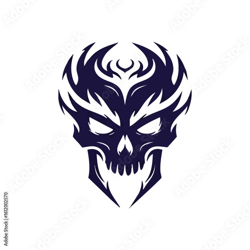 Dark Tribal Skull Character. A striking deep violet entity with luminous eyes and abstract flame-like adornments. This sinister visage conveys strength, mystery, and a formidable presence.