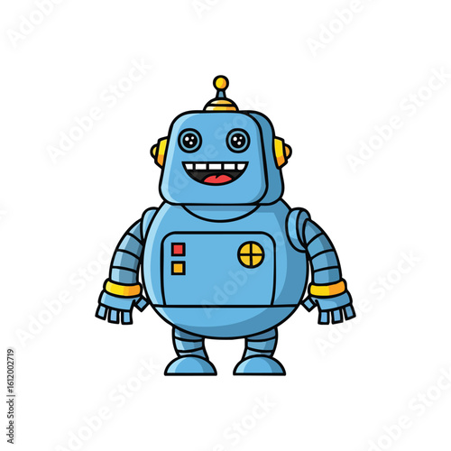 Friendly Blue Robot Character. This cheerful automaton embodies cutting-edge technology with a pleasant disposition. A genial machine symbolizing future innovation and happiness.