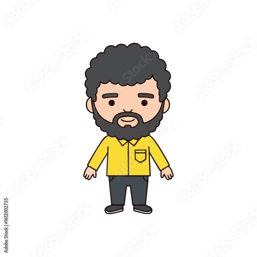 Cartoon Man Character Graphic. Friendly male illustration featuring curly hair and beard, wearing a vibrant yellow shirt on black background, perfect for profiles.