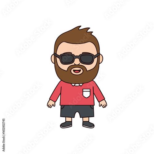 Cool Bearded Cartoon Character. Friendly male graphic in dark glasses and a vivid shirt. This smiling illustration symbolizes a contemporary, approachable, and relaxed spirit.