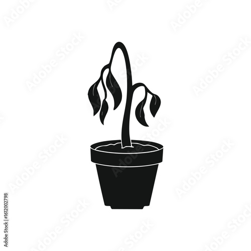 Withered Potted Plant Illustration. A minimalist drawing of a neglected botanical, its drooping leaves signifying loss of vitality. This somber depiction evokes themes of despair and decline.