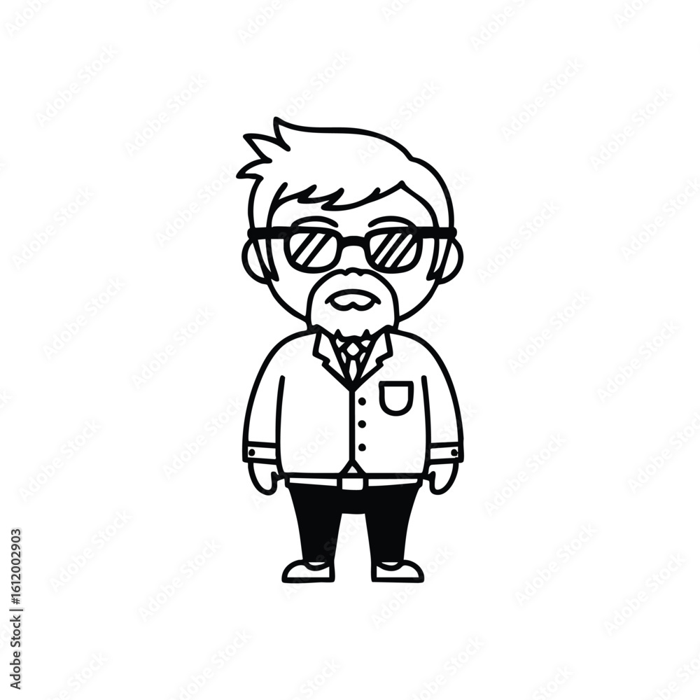 Obraz premium Quirky Intellectual Man Illustration. A minimalist graphic features a sagacious individual with facial hair and eyewear. This cool artwork signifies wisdom, innovative ideas, and friendly expertise.