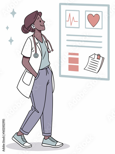 Illustration of a female nurse character in professional medical attire, depicted as a caring and competent healthcare worker. Suitable for hospital, clinic, and health-related concepts including post