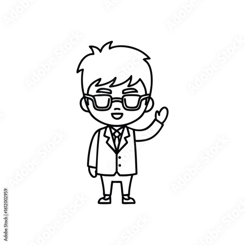 Welcoming Business Character Waving. An endearing graphic portrays a cheerful individual in professional attire and eyewear, offering a pleasant salutation. It conveys approachability and smart.