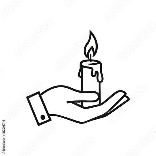 Hopeful Candlelight in Hand. Simple graphic of a gentle hand cradling a burning taper. Represents solace, spiritual connection, and enduring human compassion.