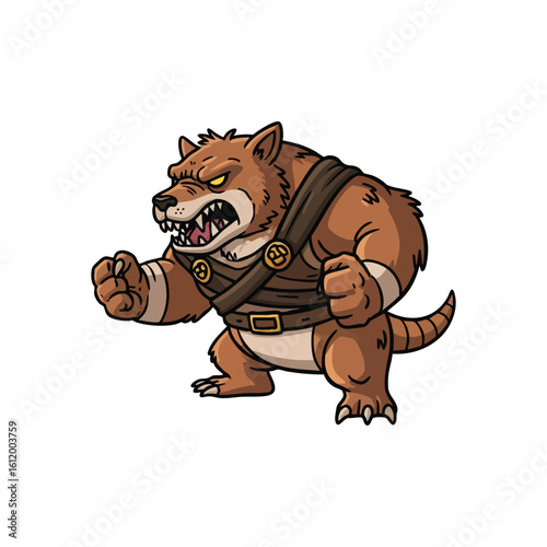 Fierce Cartoon Beast Character. This aggressive, fantasy-inspired figure with prominent fangs and a battle harness depicts readiness. It symbolizes raw power and unwavering determination.