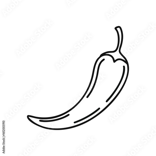 Spicy Pepper Minimal Outline Icon. Striking streamlined illustration of a fiery capsicum in white on a dark backdrop. Represents warmth, zest, and culinary flavoring.