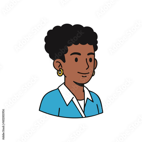 Friendly African American Avatar. This vibrant cartoon depicts a cheerful person with short dark curls and golden hoops. An inclusive, modern icon representing community and connection.