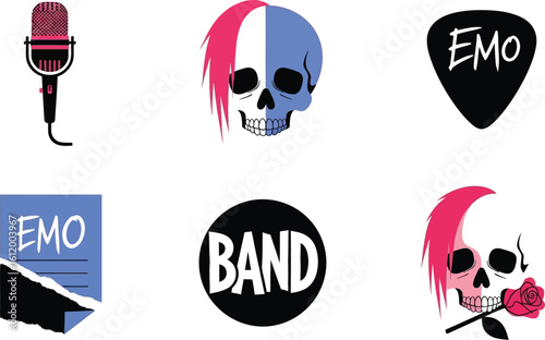 Emo band graphic design elements: microphone, skull, guitar pick, and text logos.