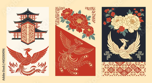 Japanese-style art prints featuring phoenix birds, pagodas, and peonies.