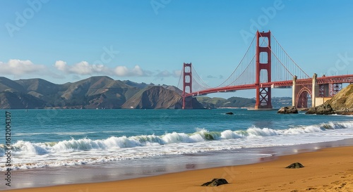The golden gate bridge stretches across the bay, connecting the city to the distant mountains under a clear blue sky