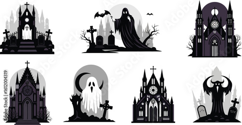 A collection of spooky illustrations featuring gothic churches, ghosts, and graveyard scenes.