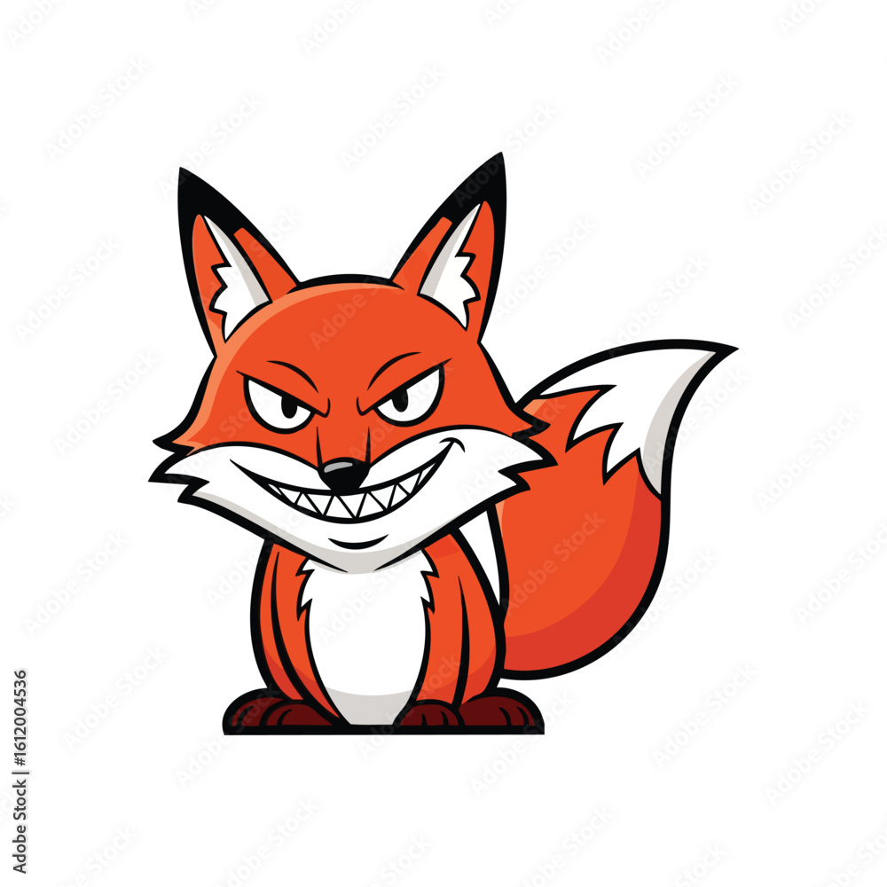 Obraz premium Mischievous Cartoon Fox. A vibrant orange character with a sly, knowing grin and sharp fangs embodies cleverness. This shrewd animal illustration is perfect for playful themes.
