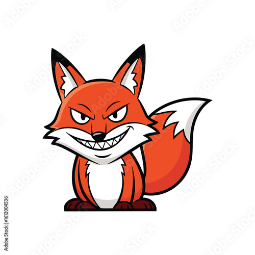 Mischievous Cartoon Fox. A vibrant orange character with a sly, knowing grin and sharp fangs embodies cleverness. This shrewd animal illustration is perfect for playful themes.