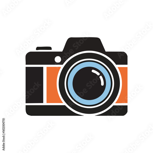 Modern Camera Icon Design. Stylized photographic device in black and orange. This sleek illustration evokes creativity, capturing memories, and the art of visual storytelling.
