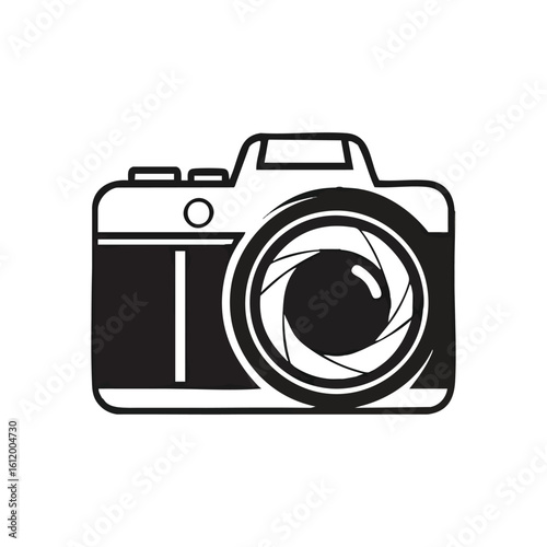 Vintage Photography Camera Symbol. This timeless photographic apparatus features a prominent lens with adjustable aperture, representing the essence of capturing memories and visual artistry.