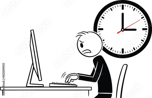 Deadline stress at work concept illustration of stick figure working late with time pressure