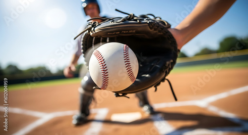 Close-up of baseball player's glove catching a ball during a game on a sunny day