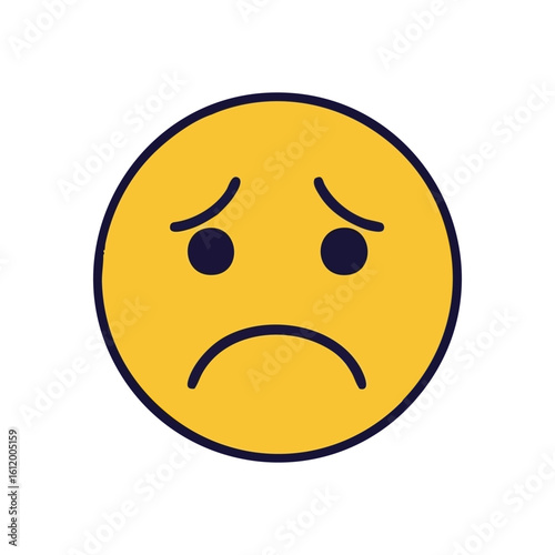 Sad Yellow Face Icon. This digital illustration depicts a yellow circular symbol with a downturned mouth, conveying feelings of unhappiness, sorrow, and disappointment against a dark background.