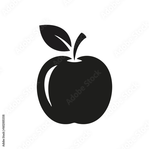 Sleek Dark Apple Fruit Symbol. A contemporary monochromatic plant emblem ideal for healthy living, technology, or academic concepts. Signifies nature, wisdom, and wholesome edibles.
