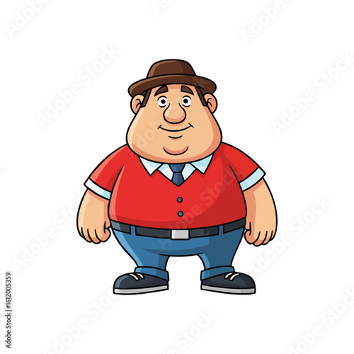 Friendly Plump Man Character. This amiable animated gentleman sports a red top and blue trousers, complete with a tie and hat. He radiates a warm, jovial demeanor, symbolizing approachability and.