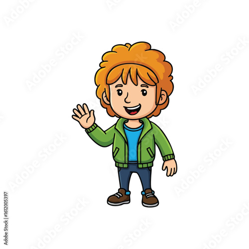 Smiling Kid Waving Hello Character. A cheerful animated youngster with red hair extends a warm welcome. This graphic embodies joy, greetings, and approachability.