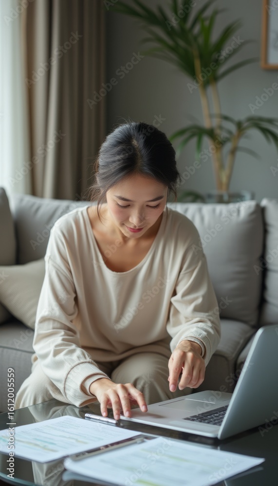 Focused woman working on a laptop at home Focused woman working on a laptop at home