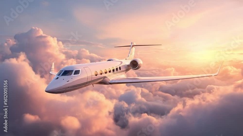 Private jet above sunset clouds
