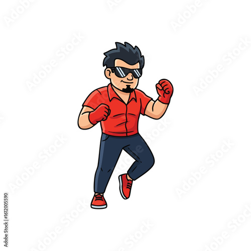 Action Man Illustration. Stylized graphic of a bold male character wearing cool eyewear. His posture conveys a powerful, determined spirit and readiness for action.