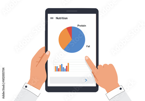 Hands interact with tablet displaying a nutrition macro chart A modern clean design showcases protein fat and carbs data  