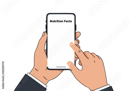 Hands examine nutrition facts on a smartphone screen. Clean, modern graphic design. Focus on detail and health. Suitable for health, wellness, and food-related content.