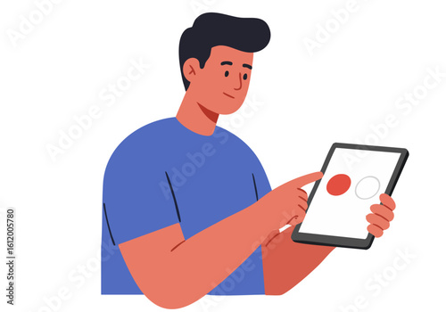 A young man checks intake on a tablet, smiling. Modern illustration style, clean design, bright background. Perfect for digital marketing and health concepts.