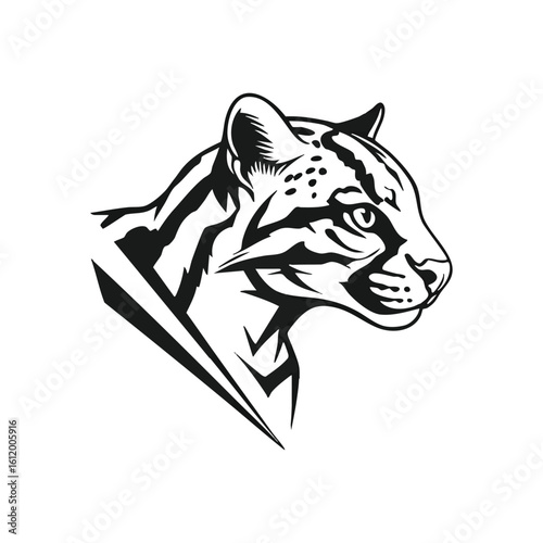 Sleek Panther Head Profile Design. Dynamic vector artwork of a powerful feline. This striking black and white portrait embodies agility, strength, and stealth. Ideal for mascots or emblems.