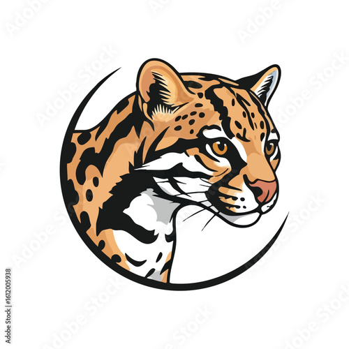 Majestic Ocelot Feline Portrait. Detailed graphic of an exotic spotted jungle cat. Its intense gaze symbolizes courage, stealth, and the primal essence of nature's beauty.