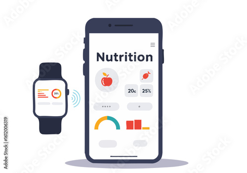 Modern mobile app design showcasing nutrition tracking with smartwatch integration. Clean, vibrant interface with data visualization. Ideal for health & fitness concepts.