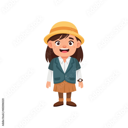 Cheerful Child Wearing Adventurous Outfit. An animated youngster, beaming with happiness, dressed for discovery. This delightful girl dons a wide brimmed hat and jacket, symbolizing youth's.