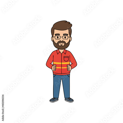 Modern Bearded Guy Avatar. A confident animated character with glasses, wearing a red shirt and jeans. This friendly male persona conveys an essence of readiness and calm.