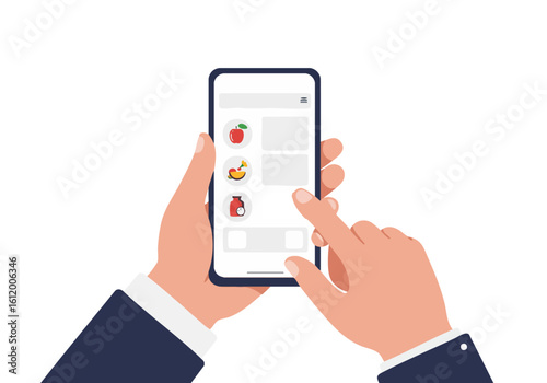 A person uses a smartphone to log food, showcasing a nutrition app interface. Hands hold the device, highlighting a modern, digital health approach. Clean, bright, and professional.