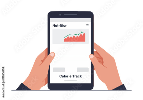 A person uses a smartphone to track nutrition, displaying a calorie intake graph. Hands hold the device, showcasing a modern health app interface. Clean, bright, and informative.