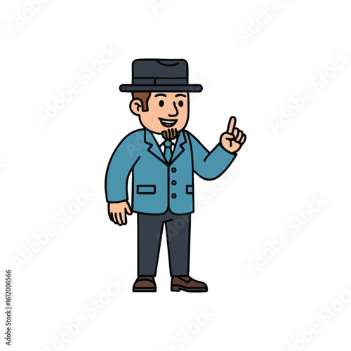 Confident Man Shares New Idea. This illustrated gentleman communicates a bright solution or thoughtful recommendation with an elevated digit. Ideal for conveying innovation, teaching, or offering.