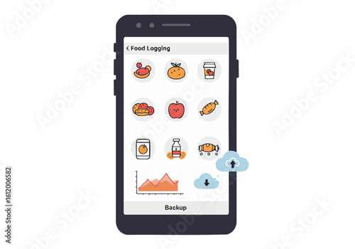 Smartphone displays a food logging app interface with icons and data visualization. Clean, modern design. Ideal for health, nutrition, and technology themes.