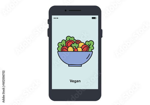 Smartphone displays a vegan recipe illustration. Clean, modern design with a focus on healthy eating. Ideal for food apps, wellness marketing, and digital health concepts.