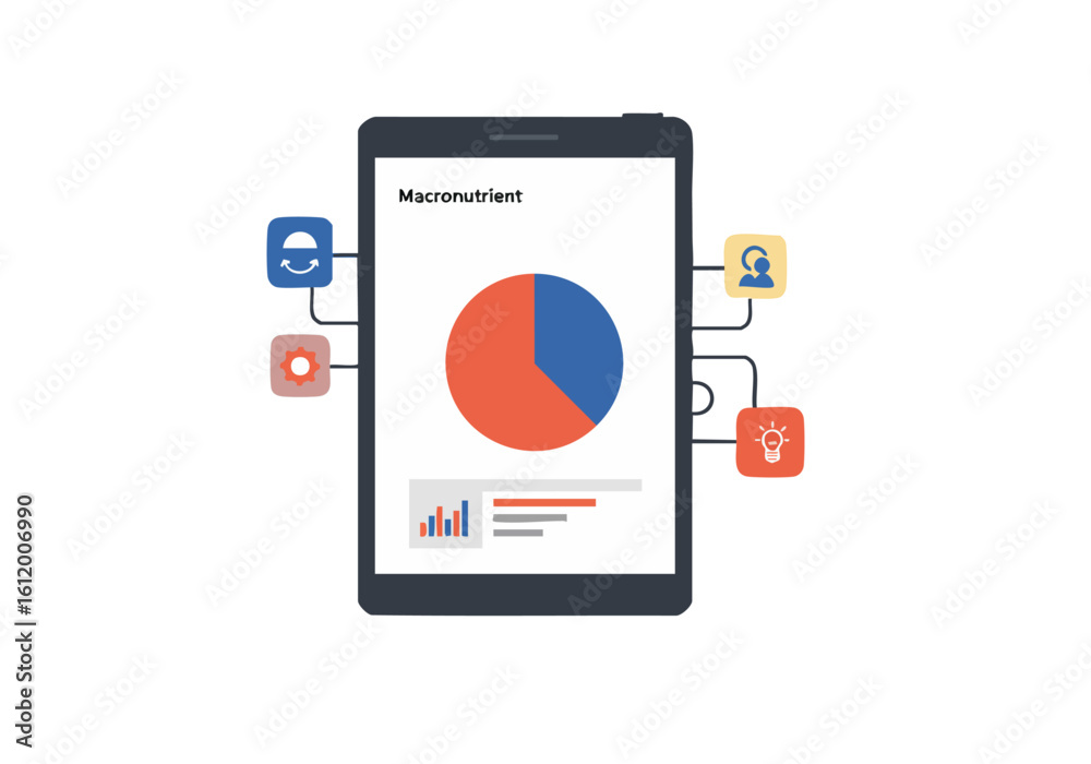 Tablet displays macronutrient analysis with pie chart and icons. Modern, clean design. Ideal for health, fitness, and nutrition content. Professional, informative, digital. Tablet displays macronutrient analysis with pie chart and icons. Modern, clean design. Ideal for health, fitness, and nutrition content. Professional, informative, digital.