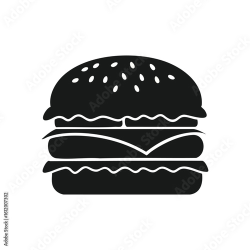 Minimalist Hamburger Icon. A stylish monochrome graphic of a classic sandwich, highlighting its layered components. It represents fast food, comfort, and culinary enjoyment.