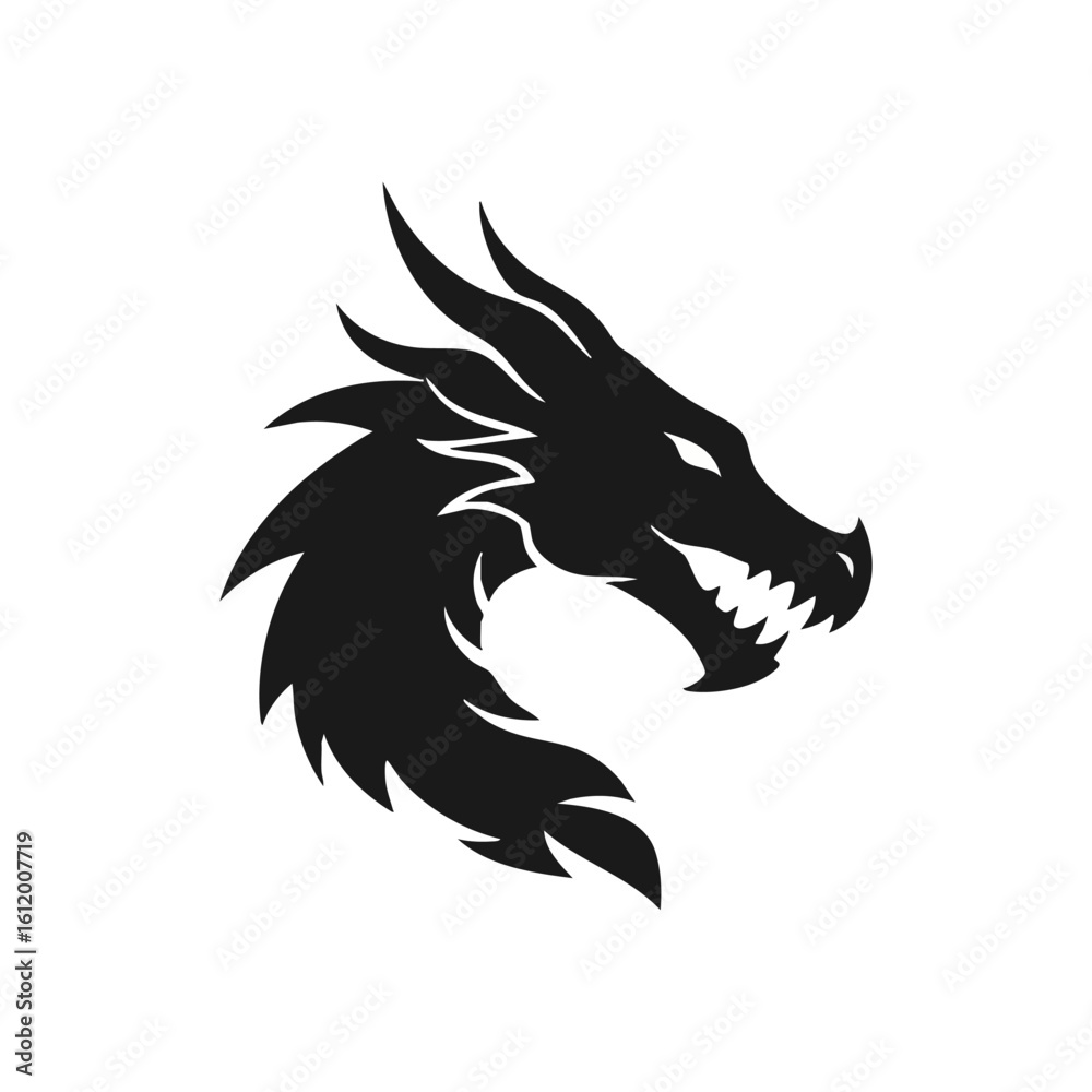 Obraz premium Fierce Dragon Head Silhouette. This captivating mythical beast outline on a dark backdrop symbolizes power, strength, and ancient wisdom. Ideal for bold designs.