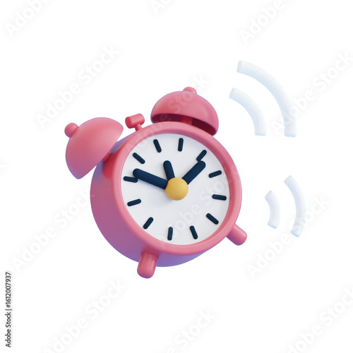 Pink alarm clock with ringing sound effect for time management and punctuality illustration