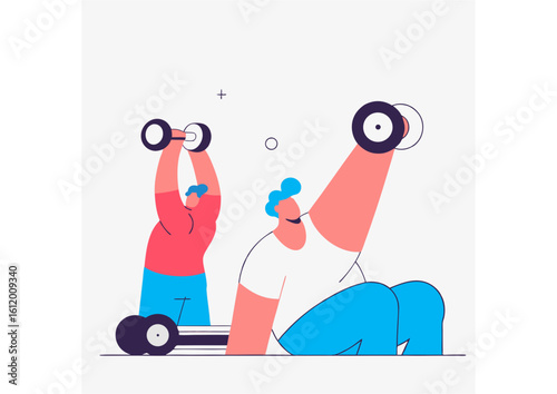 A vector illustration of two overweight individuals lifting heavy dumbbells, emphasizing the theme of weight loss, strength building, and fitness. This design is ideal for projects promoting body tran