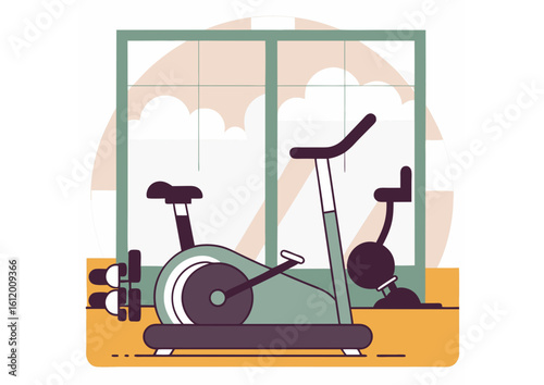 A vector illustration of a gym with a focus on a stationary bicycle in the foreground. This design is ideal for fitness, health, or exercise-related projects, promoting active lifestyles and gym equip