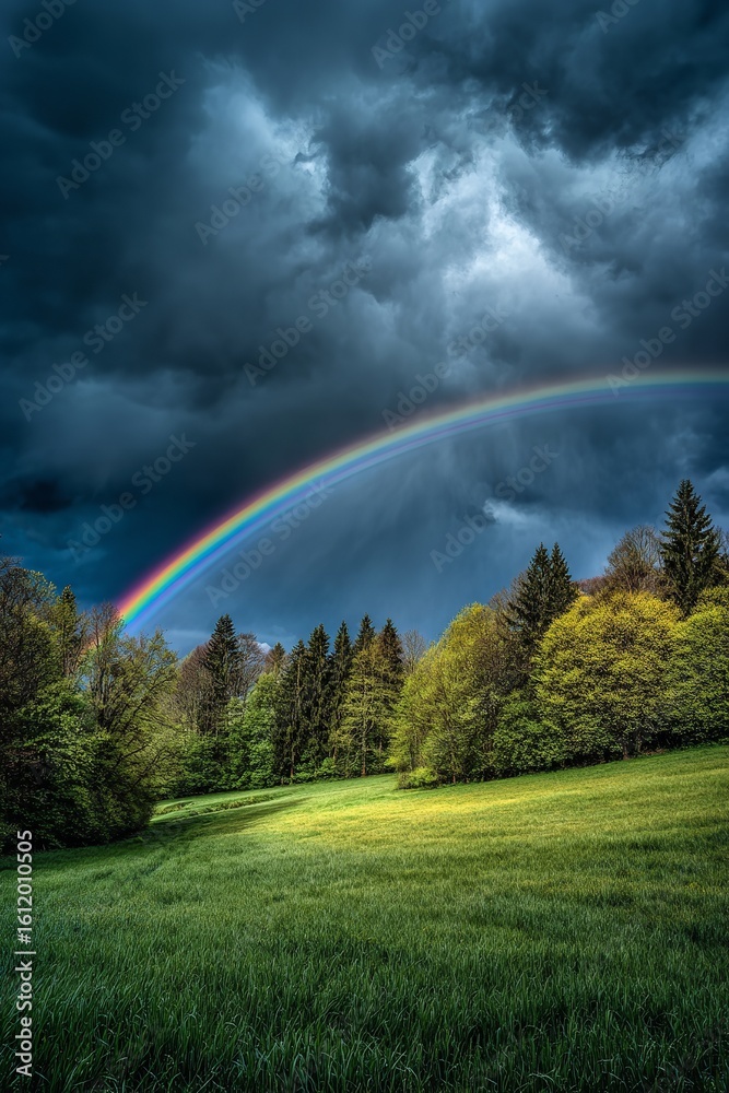 Naklejka premium Scenic Rainbow Arch Across Meadow Field Under Clear Blue Sky Symbolizing Hope and Renewal
